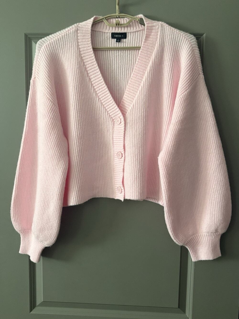 Forever 21 Women’s Pink Ribbed Puff Sleeve Button Front Cardigan Sweater Size L
